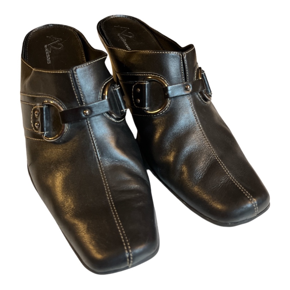 Aerosoles A2 Snapezoid Black Leather Mules Heavy Stitch Clog Women's Size 9